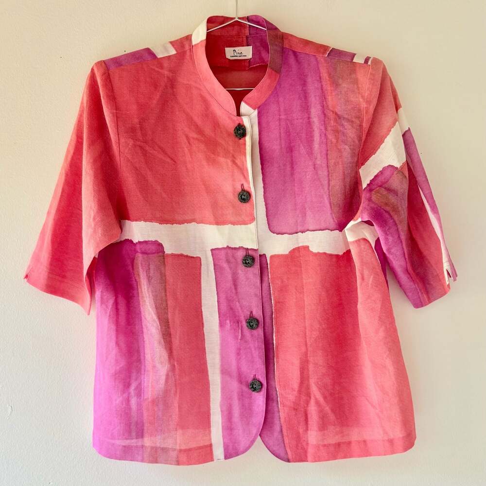 Vintage Pink Abstract Block Print Button-Down Shirt
